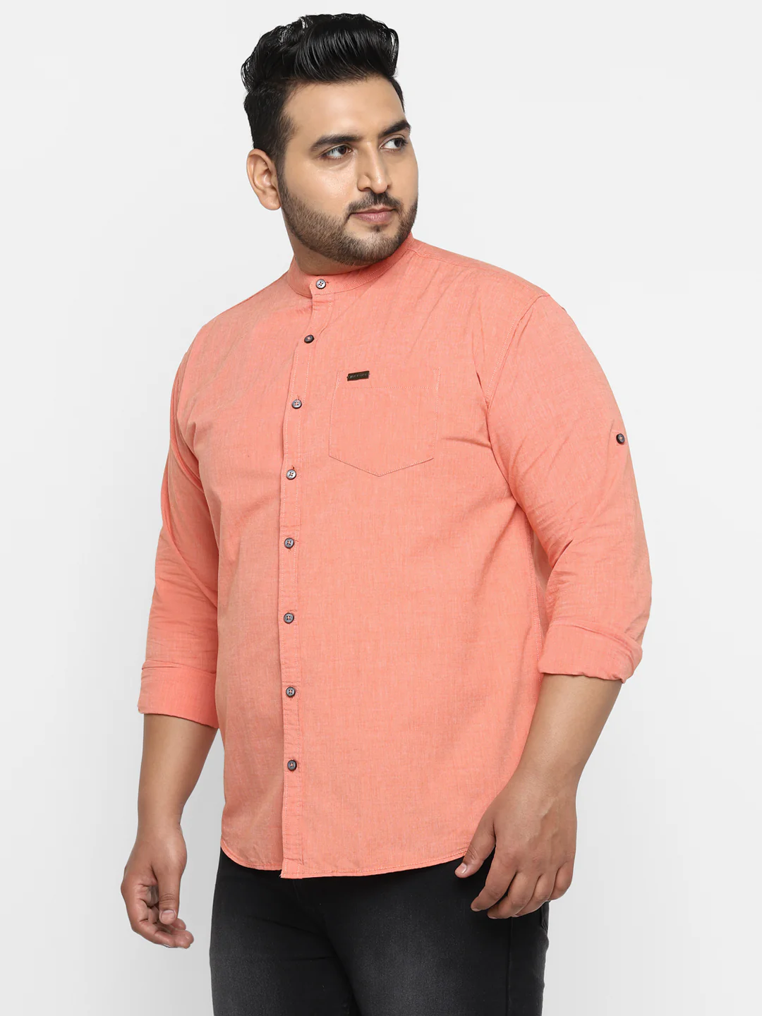 Plus Men Orange Solid Cotton Casual Shirt - Image 2