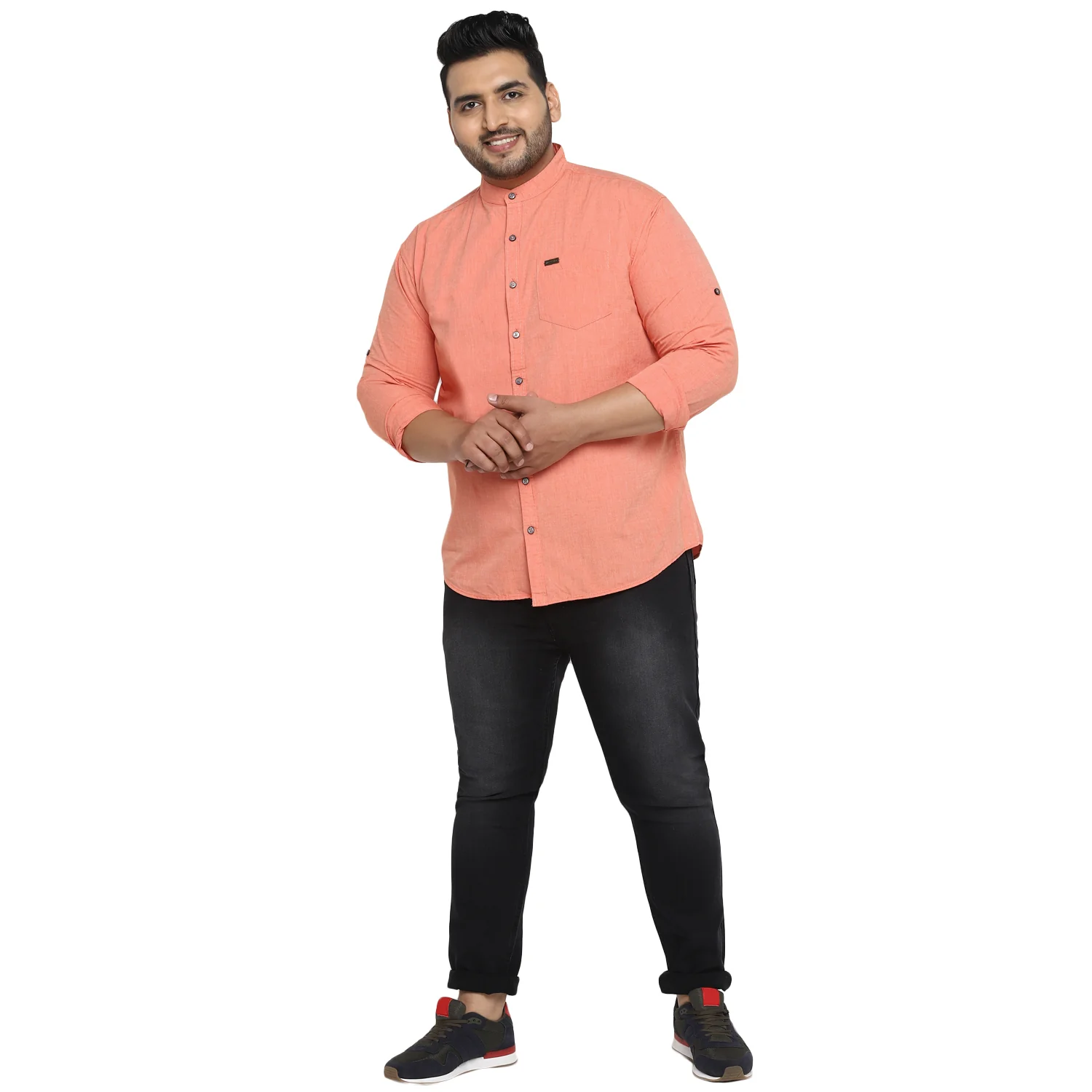 Plus Men Orange Solid Cotton Casual Shirt - Image 4