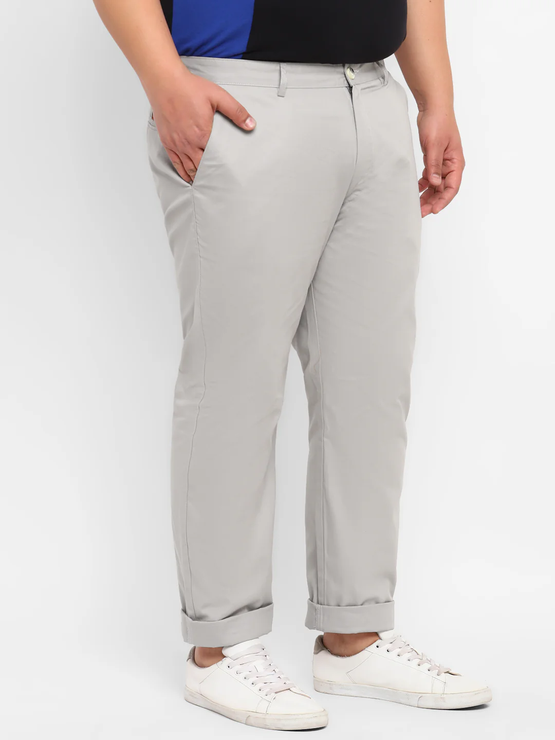 Plus Men's Grey Cotton Regular Fit Casual Chinos Trousers - Image 2