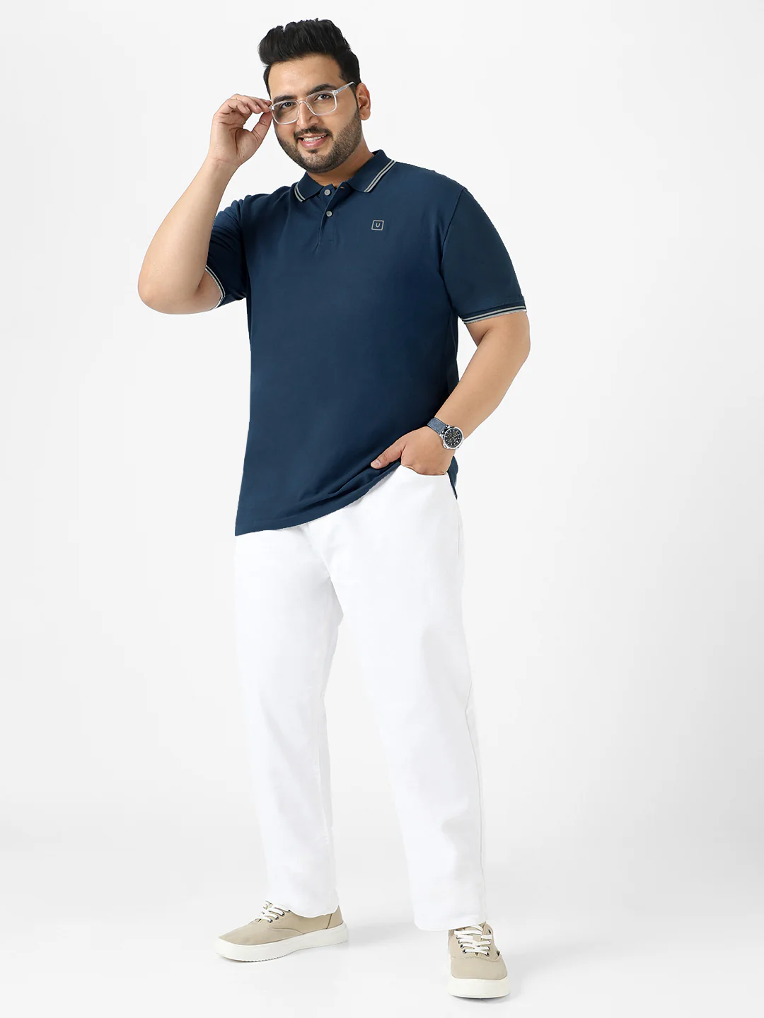 Plus Men's Airforce Blue Solid Regular Fit Half Sleeve Cotton Polo T-Shirt - Image 4