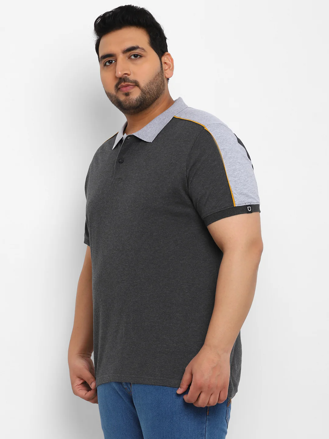 Plus Men's Anthra Melange, Grey, Red Colour-Block Regular Fit Half Sleeve Cotton Polo T-Shirt - Image 2