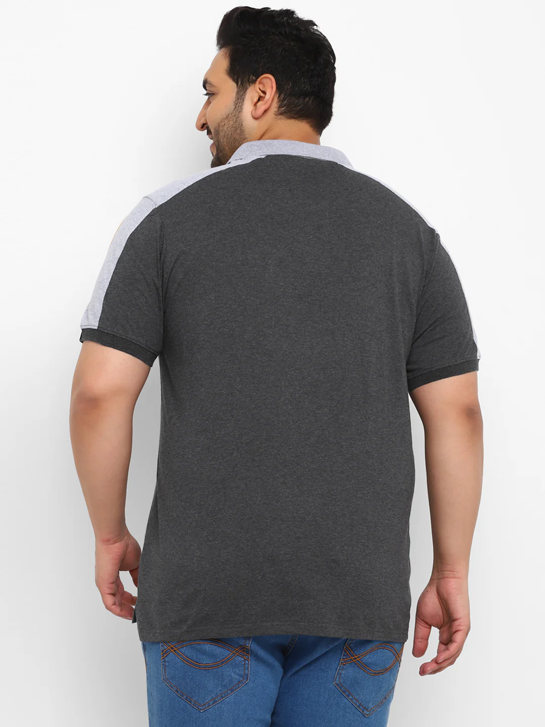 Plus Men's Anthra Melange, Grey, Red Colour-Block Regular Fit Half Sleeve Cotton Polo T-Shirt - Image 3