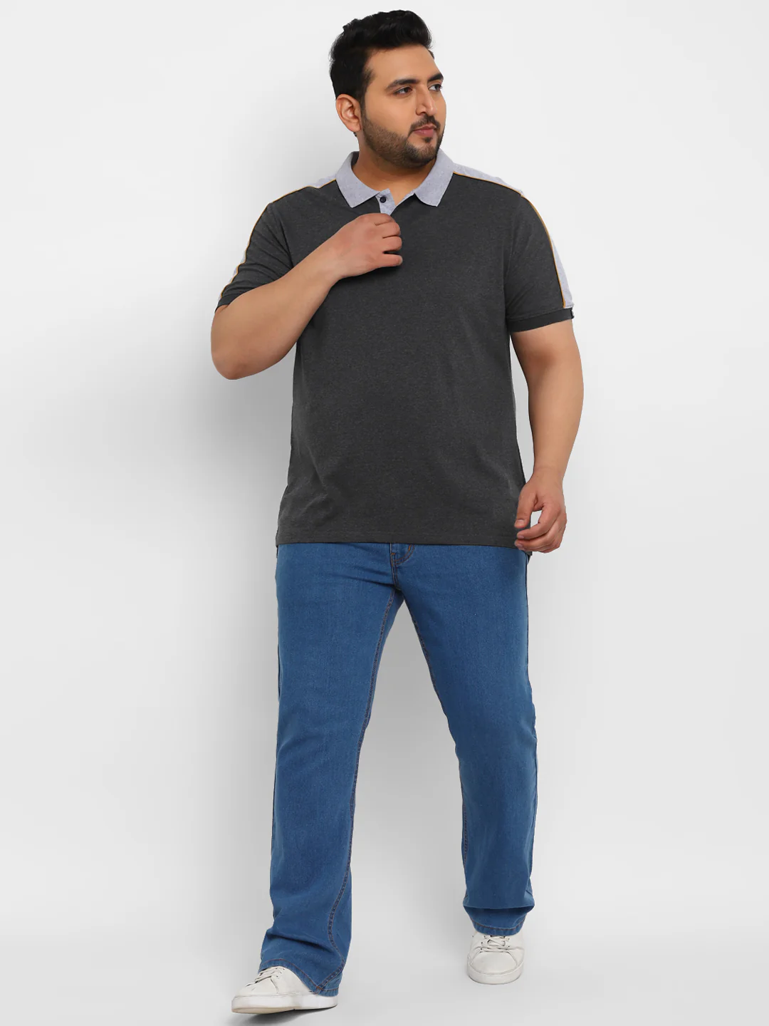 Plus Men's Anthra Melange, Grey, Red Colour-Block Regular Fit Half Sleeve Cotton Polo T-Shirt - Image 4