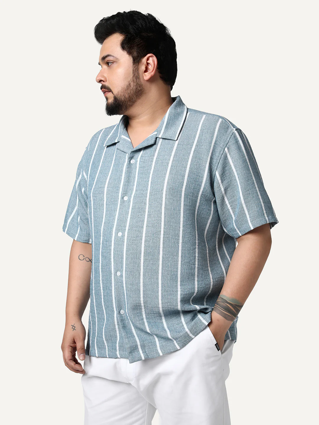 Plus Men's Aqua Cotton Half Sleeve Relaxed Fit Linen Striped Shirt with Cuban Collar - Image 2