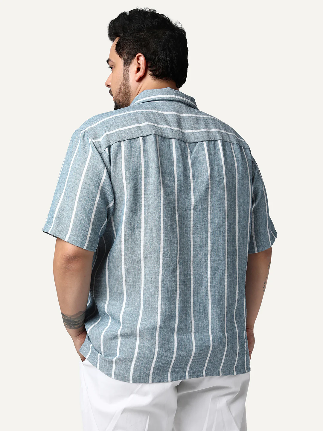 Plus Men's Aqua Cotton Half Sleeve Relaxed Fit Linen Striped Shirt with Cuban Collar - Image 3