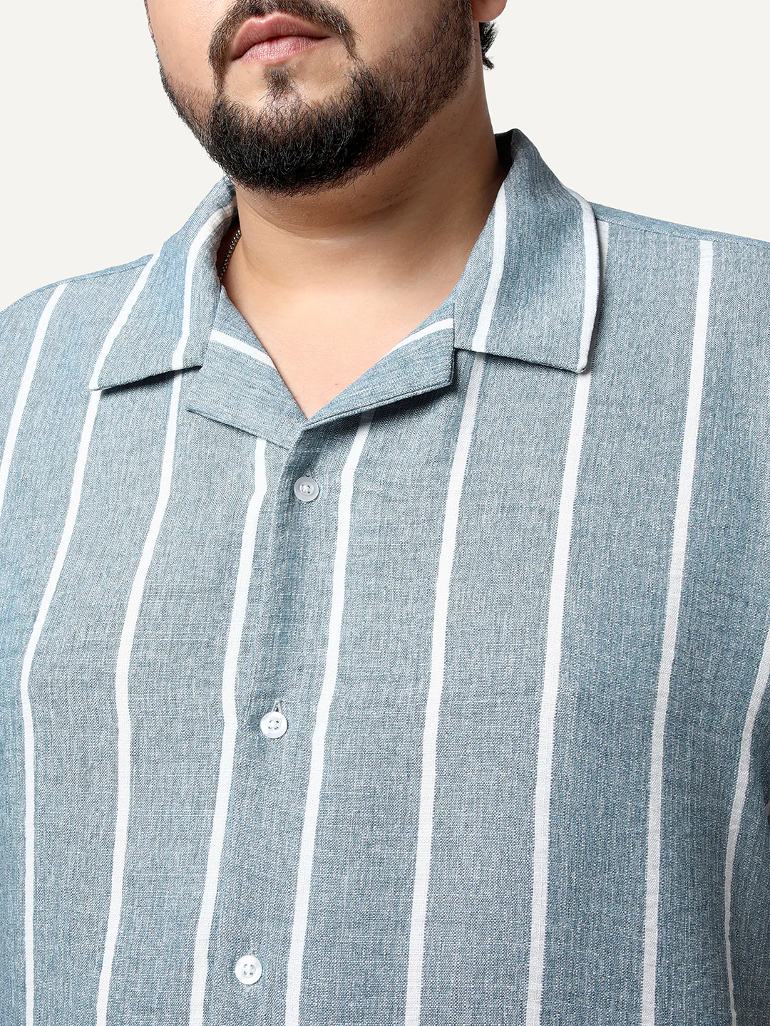 Plus Men's Aqua Cotton Half Sleeve Relaxed Fit Linen Striped Shirt with Cuban Collar - Image 5