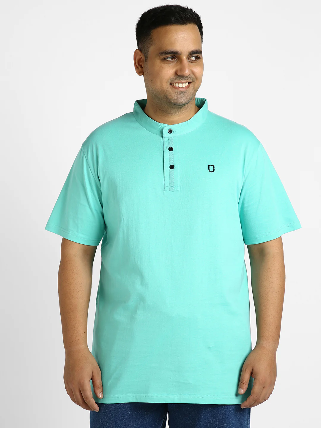 Plus Men's Aqua Green Solid Mandarin Collar Regular Fit Half Sleeve Cotton T-Shirt - Image 2