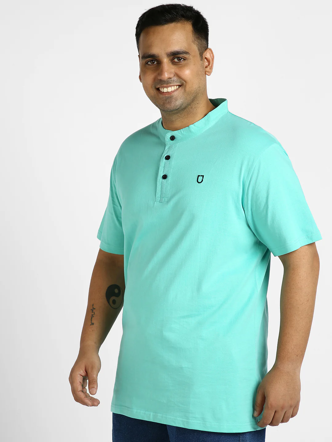 Plus Men's Aqua Green Solid Mandarin Collar Regular Fit Half Sleeve Cotton T-Shirt - Image 3