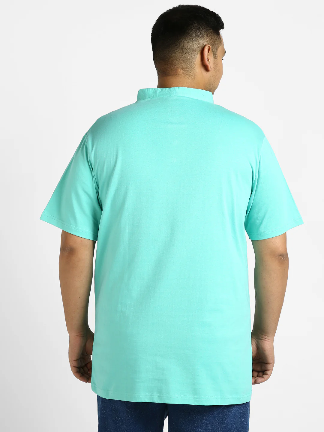Plus Men's Aqua Green Solid Mandarin Collar Regular Fit Half Sleeve Cotton T-Shirt - Image 4