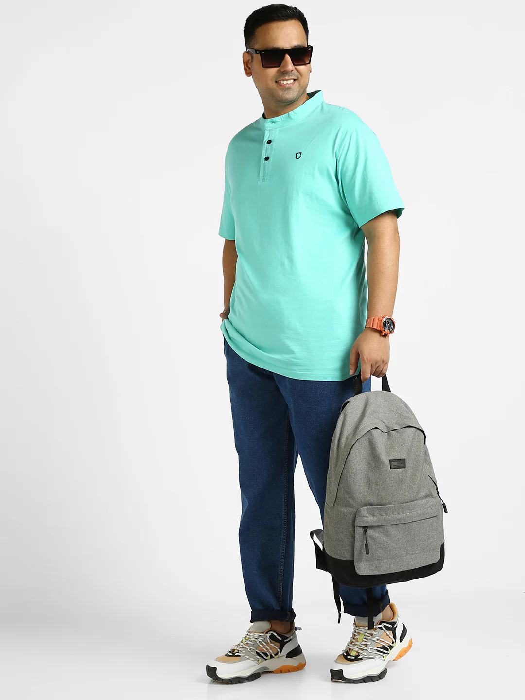 Plus Men's Aqua Green Solid Mandarin Collar Regular Fit Half Sleeve Cotton T-Shirt - Image 5