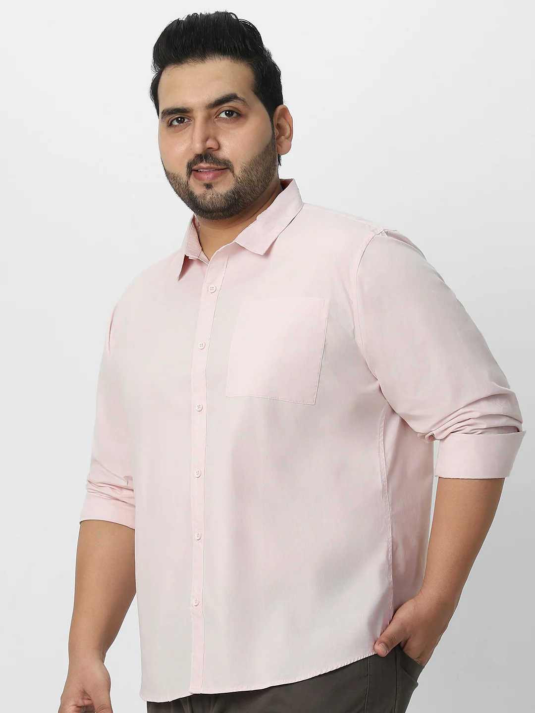 Plus Men's Baby Pink Cotton Full Sleeve Regular Fit Casual Solid Shirt - Image 3