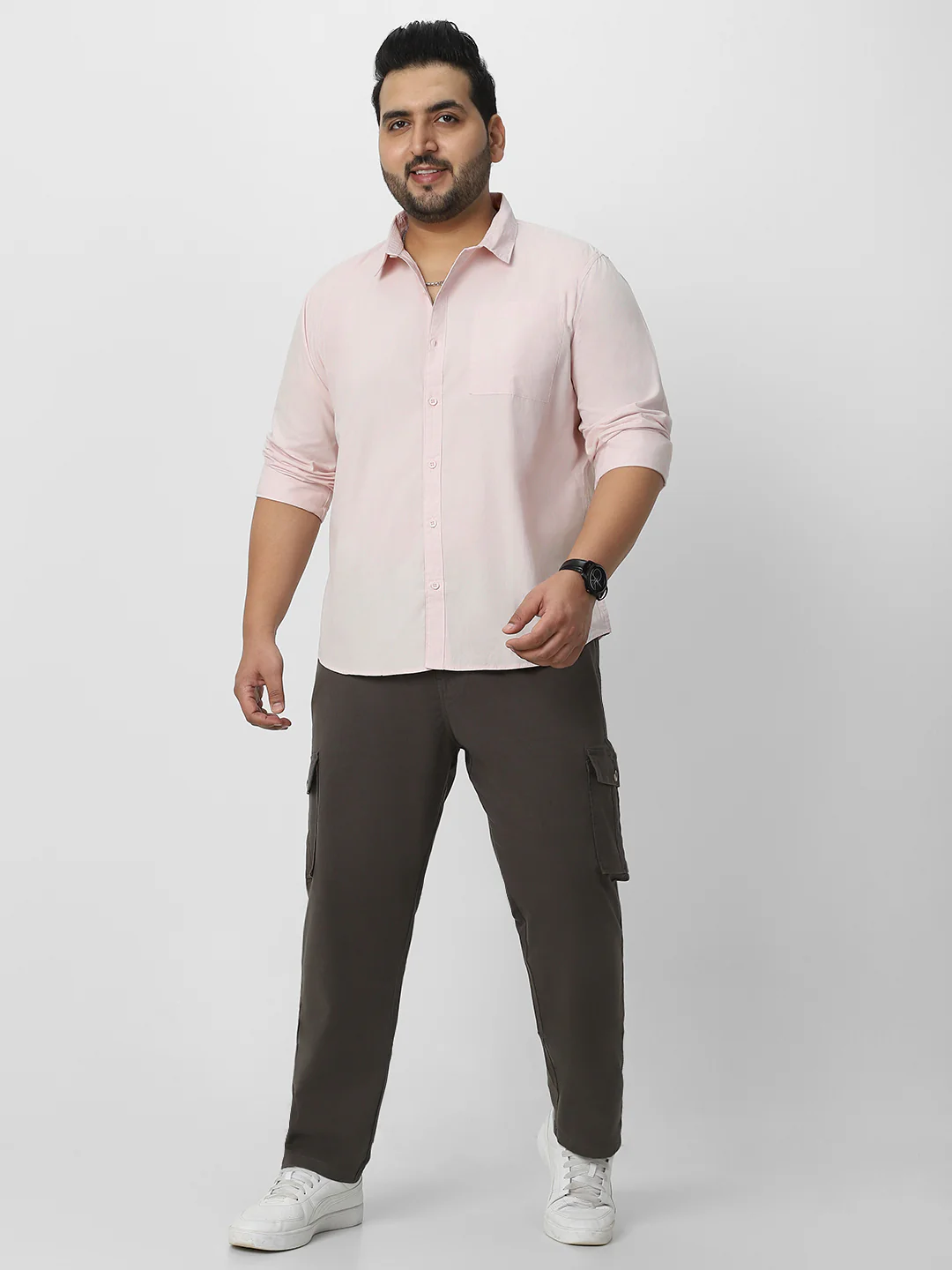 Plus Men's Baby Pink Cotton Full Sleeve Regular Fit Casual Solid Shirt - Image 5