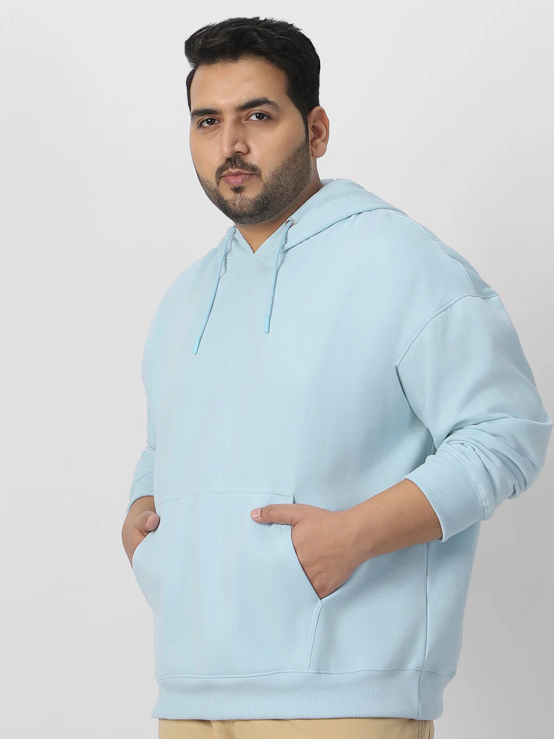 Plus Men's Ballad Blue Cotton Solid Oversized Hooded Neck Sweatshirt - Image 2