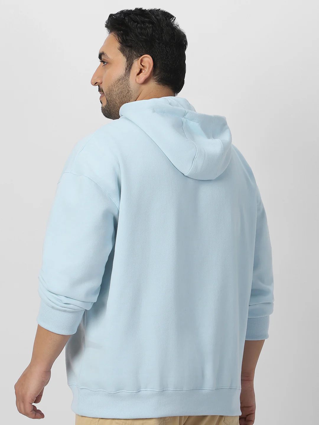 Plus Men's Ballad Blue Cotton Solid Oversized Hooded Neck Sweatshirt - Image 3