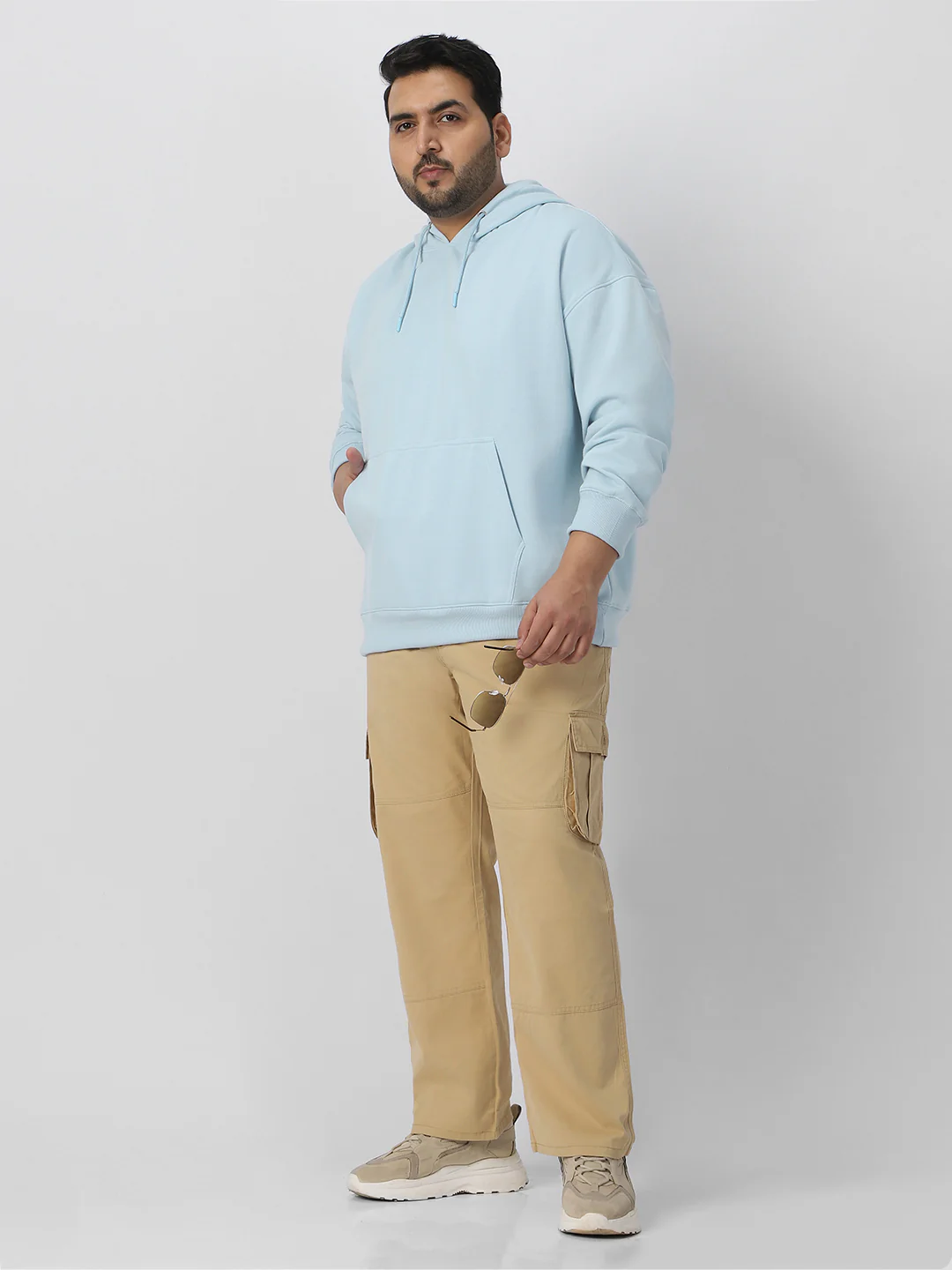 Plus Men's Ballad Blue Cotton Solid Oversized Hooded Neck Sweatshirt - Image 4