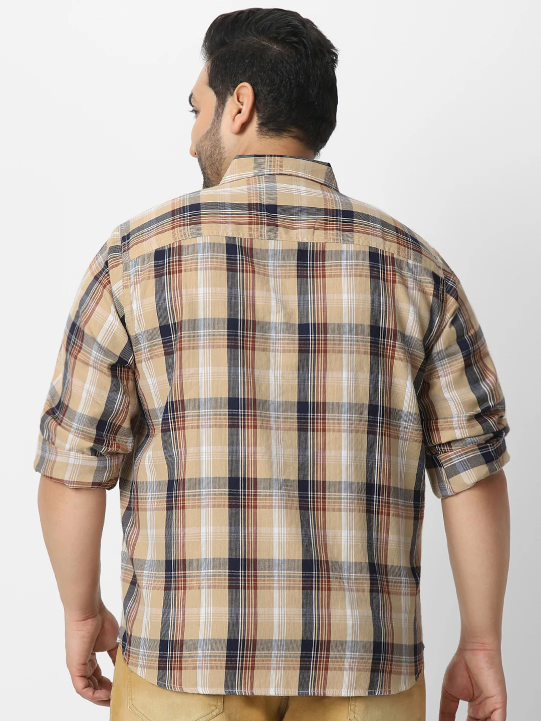 Plus Men's Beige Cotton Full Sleeve Regular Fit Casual Checkered Shirt - Image 3