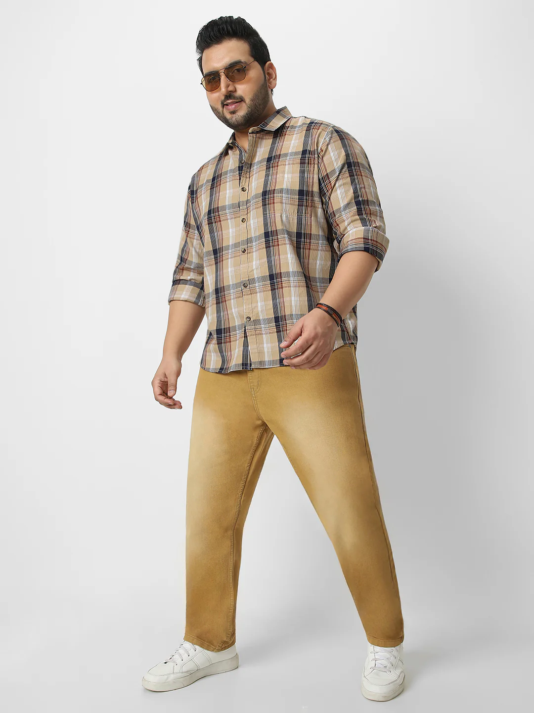 Plus Men's Beige Cotton Full Sleeve Regular Fit Casual Checkered Shirt - Image 4