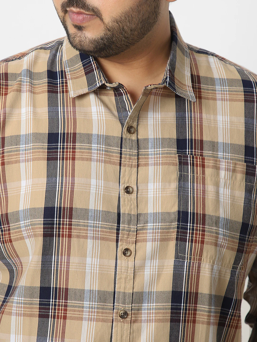 Plus Men's Beige Cotton Full Sleeve Regular Fit Casual Checkered Shirt - Image 5