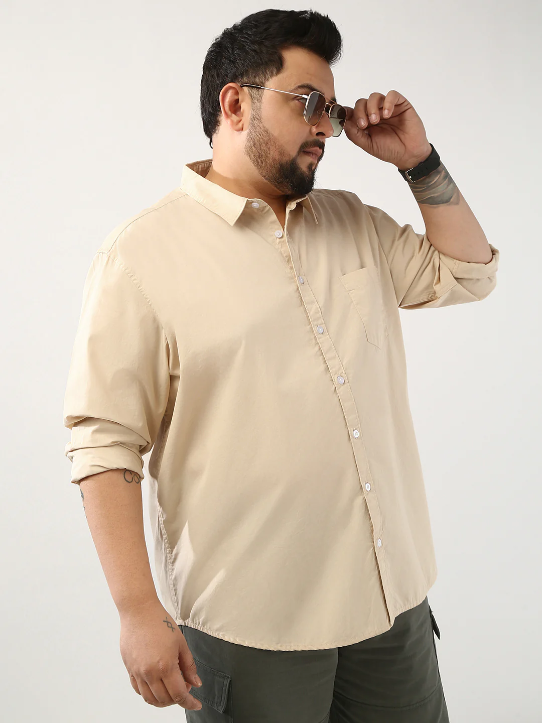 Plus Men's Beige Cotton Full Sleeve Regular Fit Casual Solid Shirt