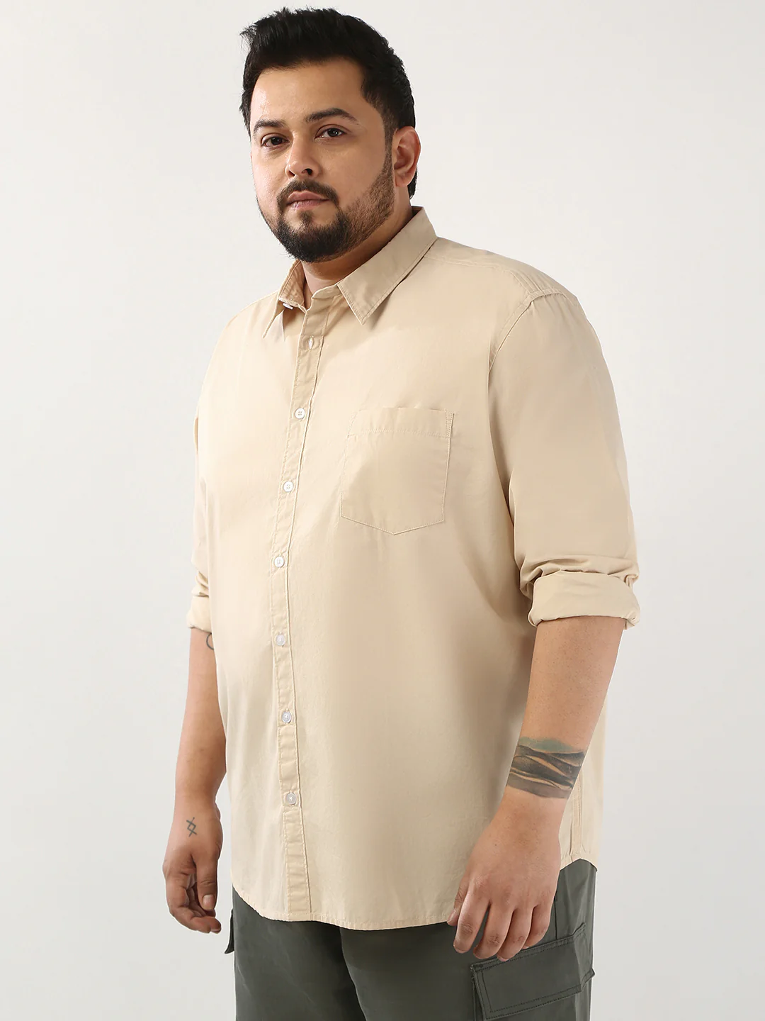 Plus Men's Beige Cotton Full Sleeve Regular Fit Casual Solid Shirt - Image 2