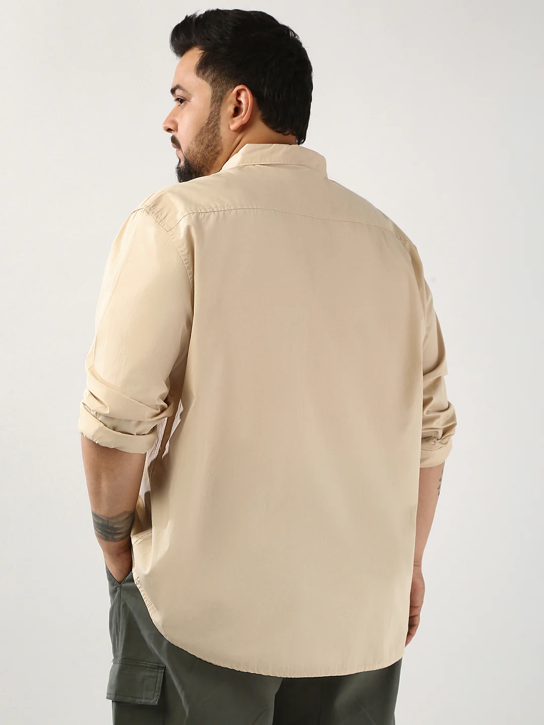 Plus Men's Beige Cotton Full Sleeve Regular Fit Casual Solid Shirt - Image 3
