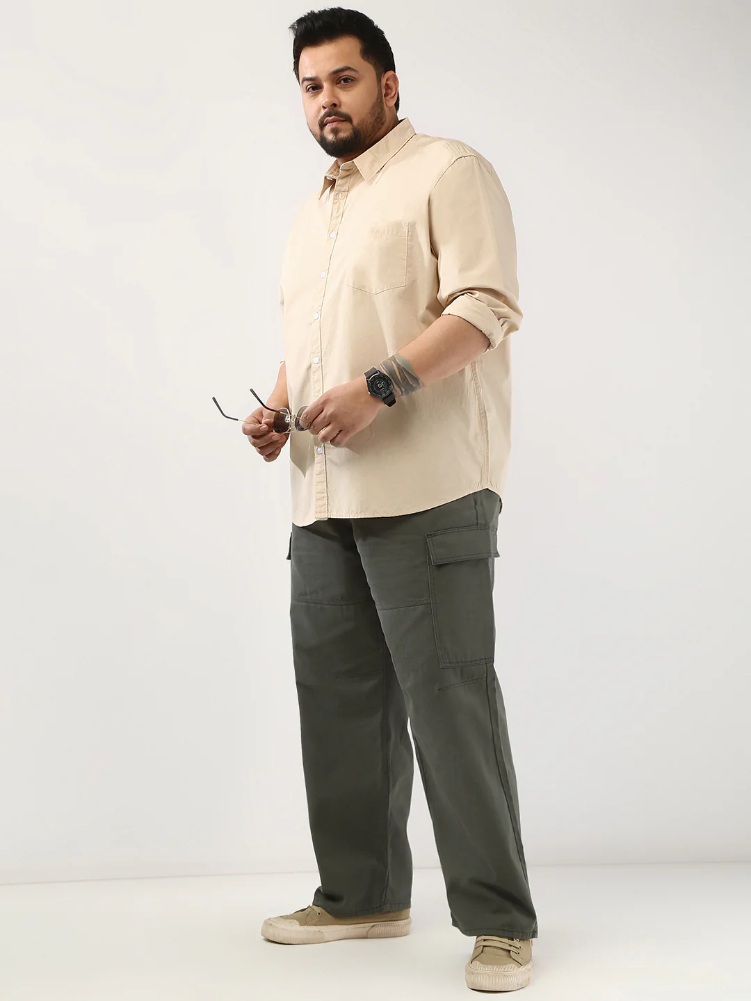 Plus Men's Beige Cotton Full Sleeve Regular Fit Casual Solid Shirt - Image 4