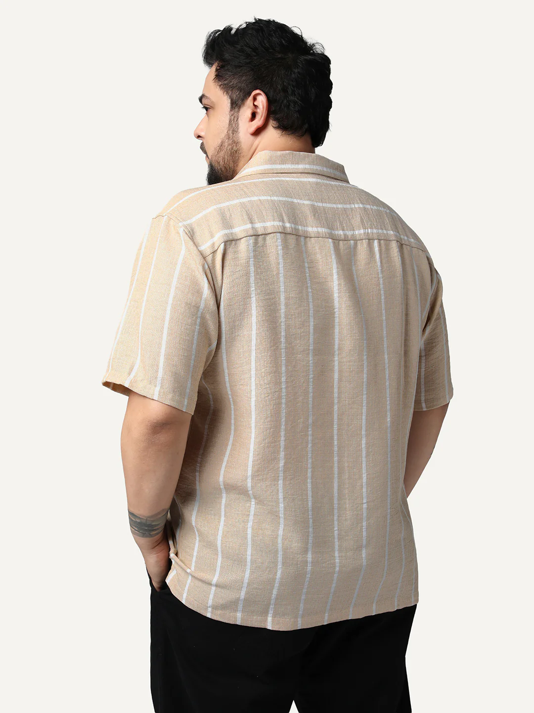 Plus Men's Beige Cotton Half Sleeve Relaxed Fit Linen Striped Shirt with Cuban Collar - Image 3