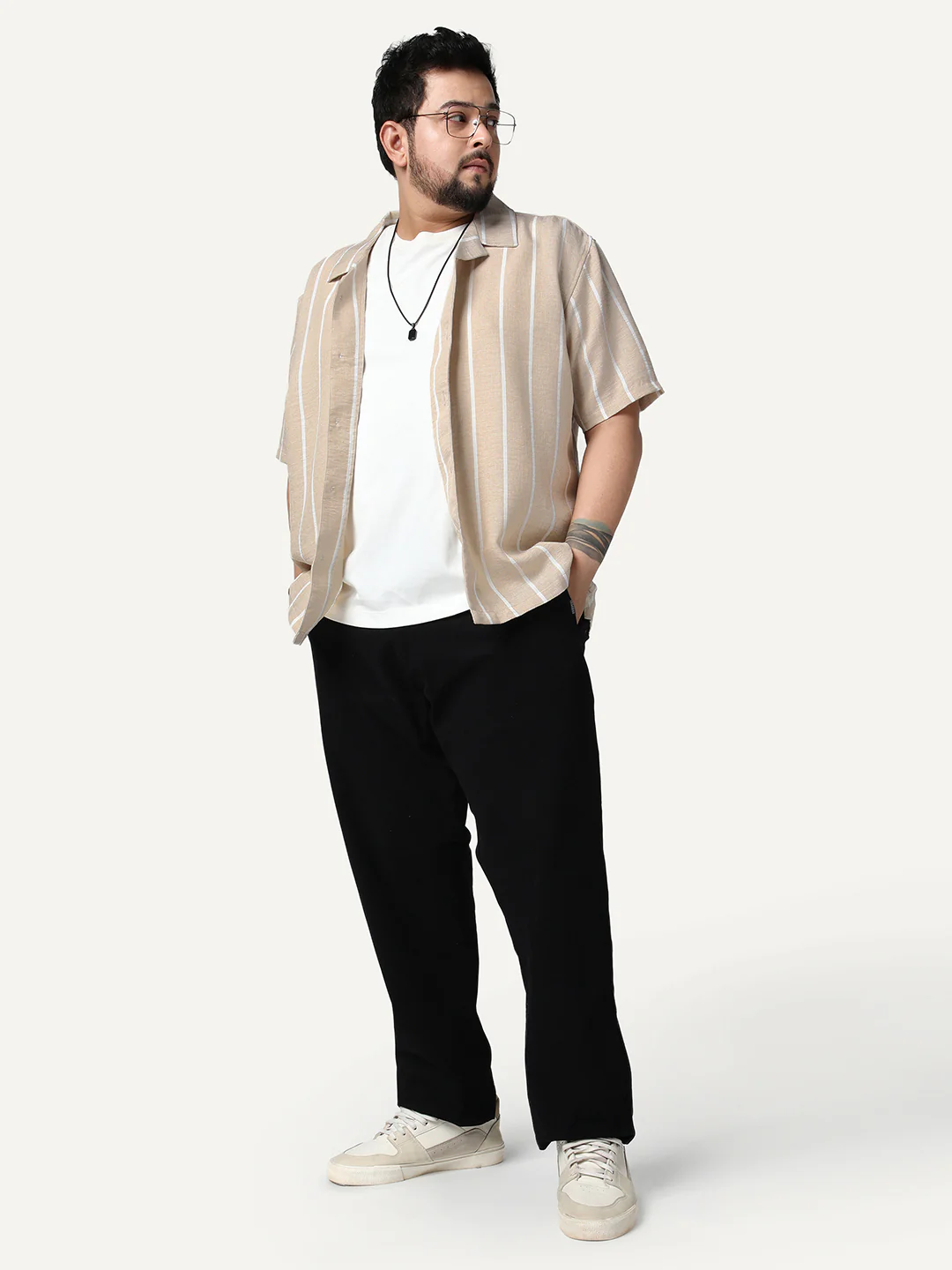 Plus Men's Beige Cotton Half Sleeve Relaxed Fit Linen Striped Shirt with Cuban Collar - Image 4