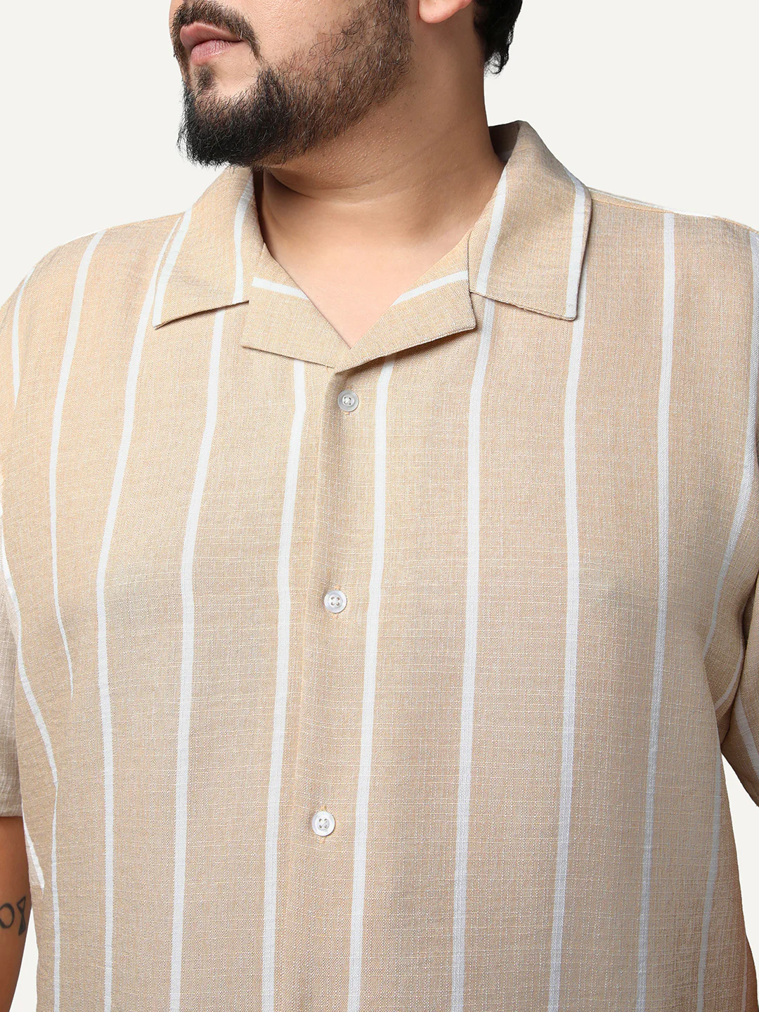 Plus Men's Beige Cotton Half Sleeve Relaxed Fit Linen Striped Shirt with Cuban Collar - Image 5