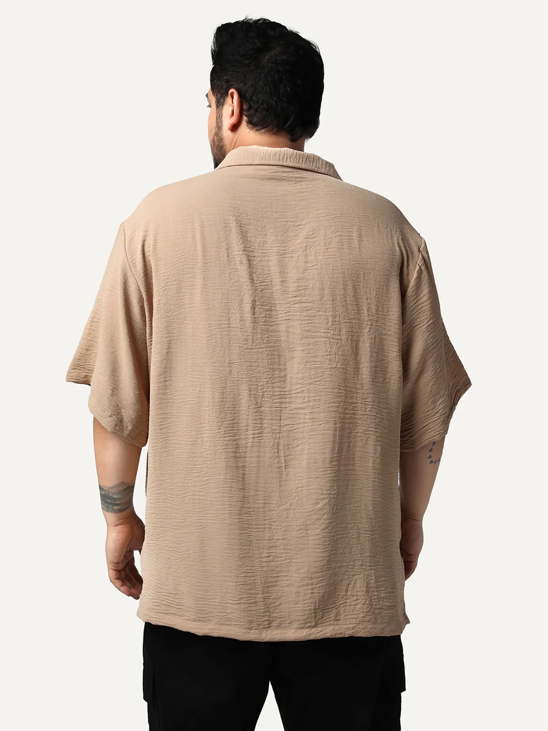 Plus Men's Beige Cotton Half Sleeve Relaxed Fit Textured Shirt with Cuban Collar - Image 3
