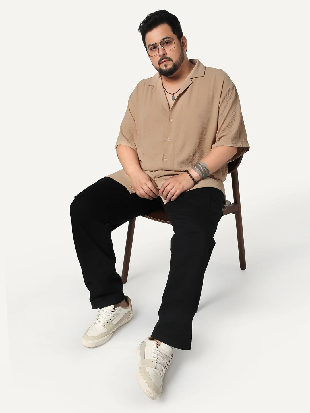 Plus Men's Beige Cotton Half Sleeve Relaxed Fit Textured Shirt with Cuban Collar - Image 4