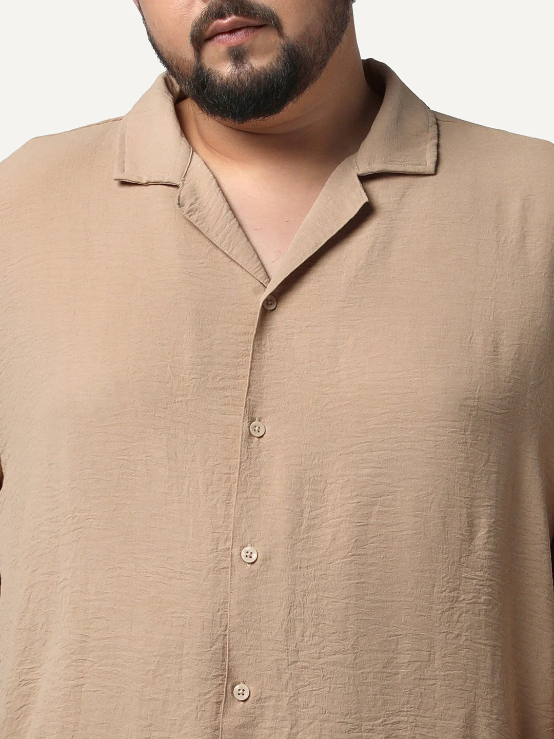 Plus Men's Beige Cotton Half Sleeve Relaxed Fit Textured Shirt with Cuban Collar - Image 5