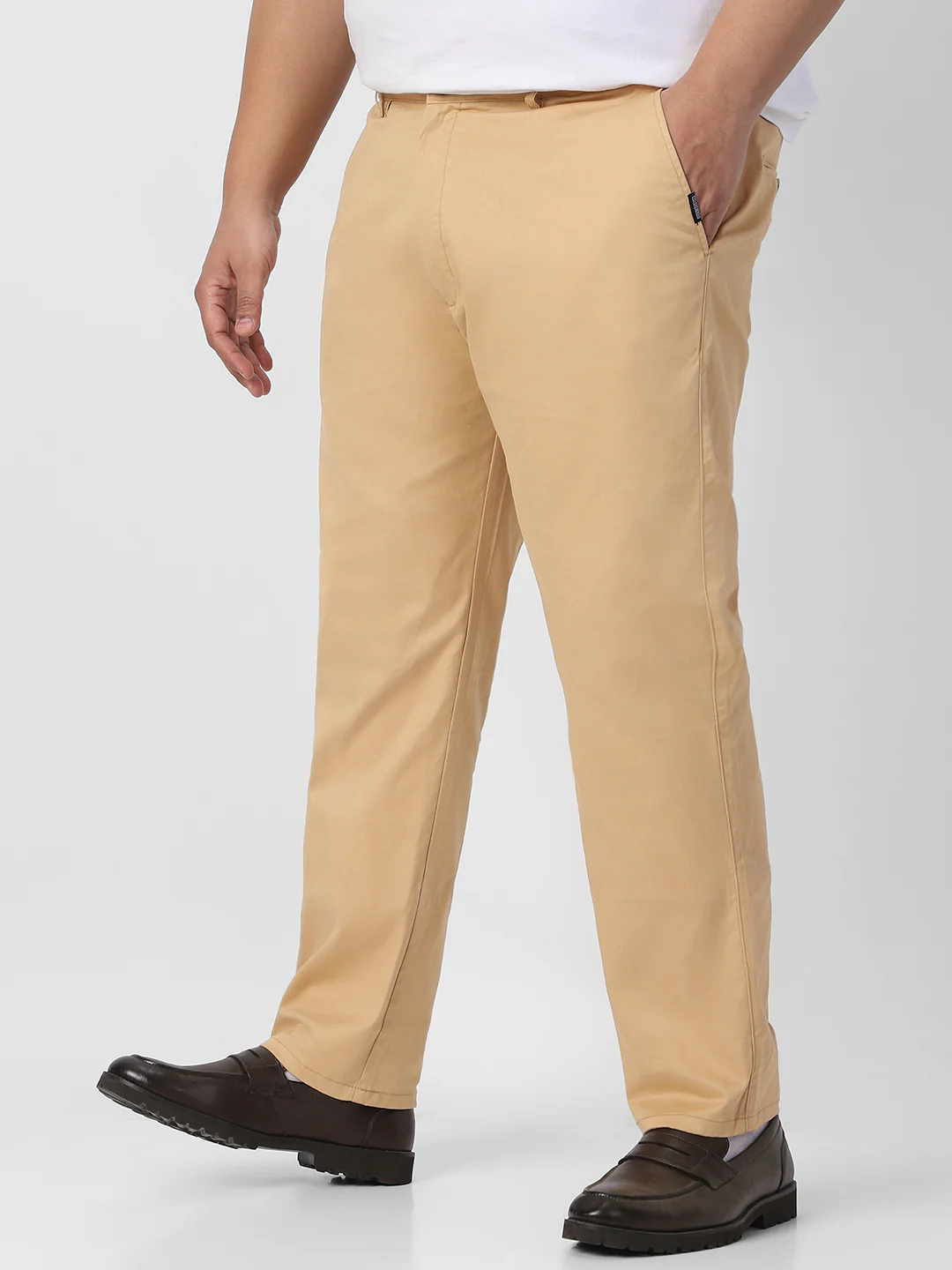 Plus Men's Beige Cotton Regular Fit Casual Chinos Trousers Stretch - Image 3
