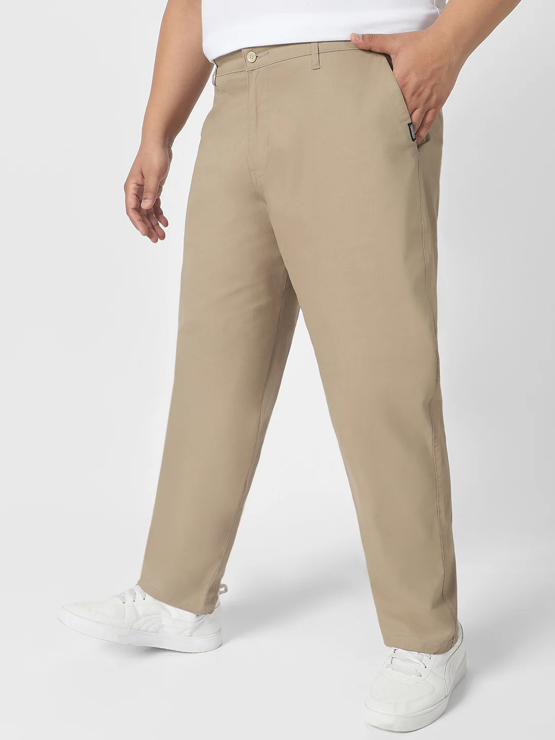 Plus Men's Beige Cotton Regular Fit Casual Chinos Trousers Stretch - Image 2