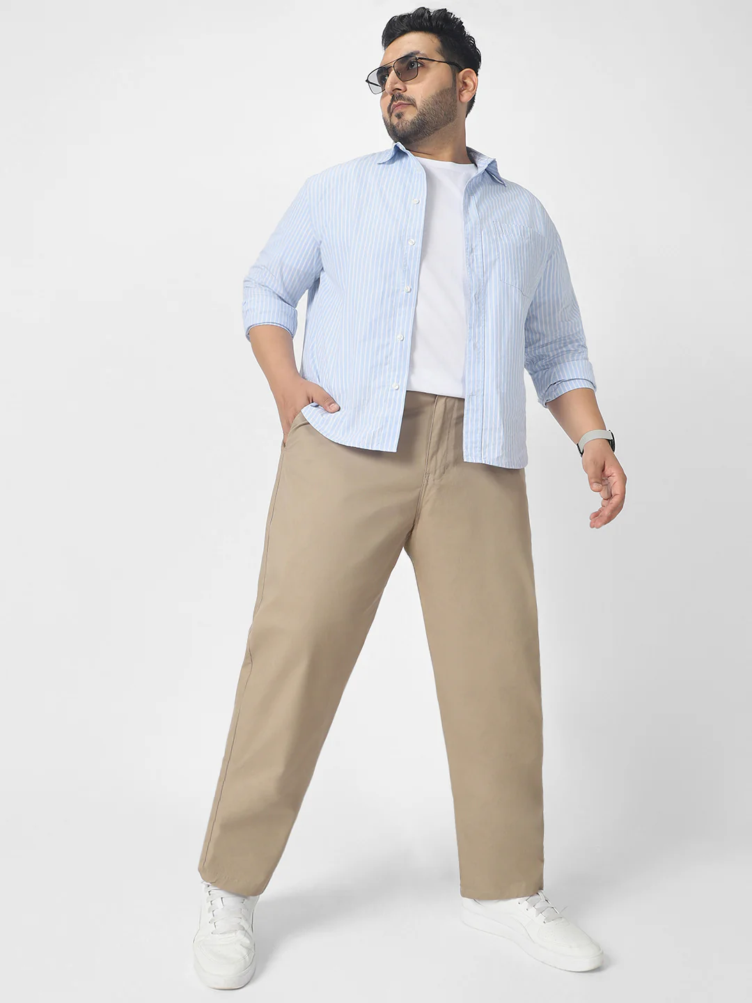Plus Men's Beige Cotton Regular Fit Casual Chinos Trousers Stretch - Image 4