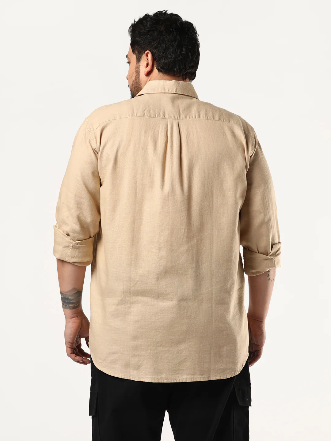 Plus Men's Beige Linen Blend Full Sleeve Relaxed Fit Casual Solid Shirt - Image 3
