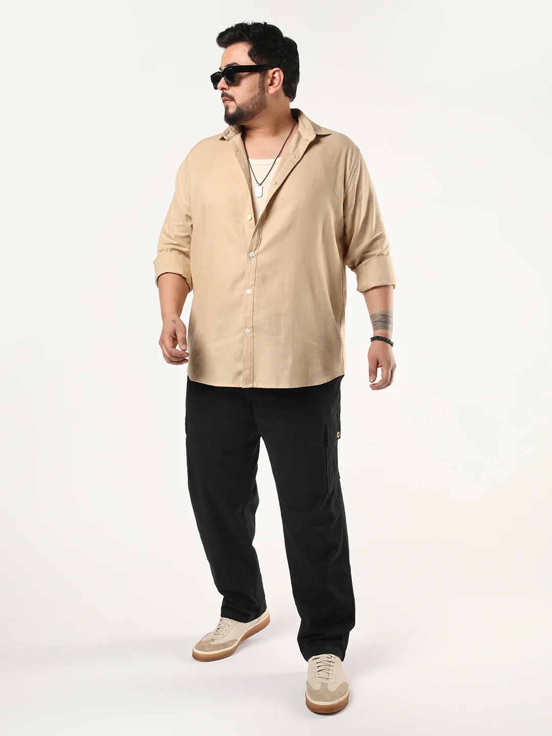 Plus Men's Beige Linen Blend Full Sleeve Relaxed Fit Casual Solid Shirt - Image 4