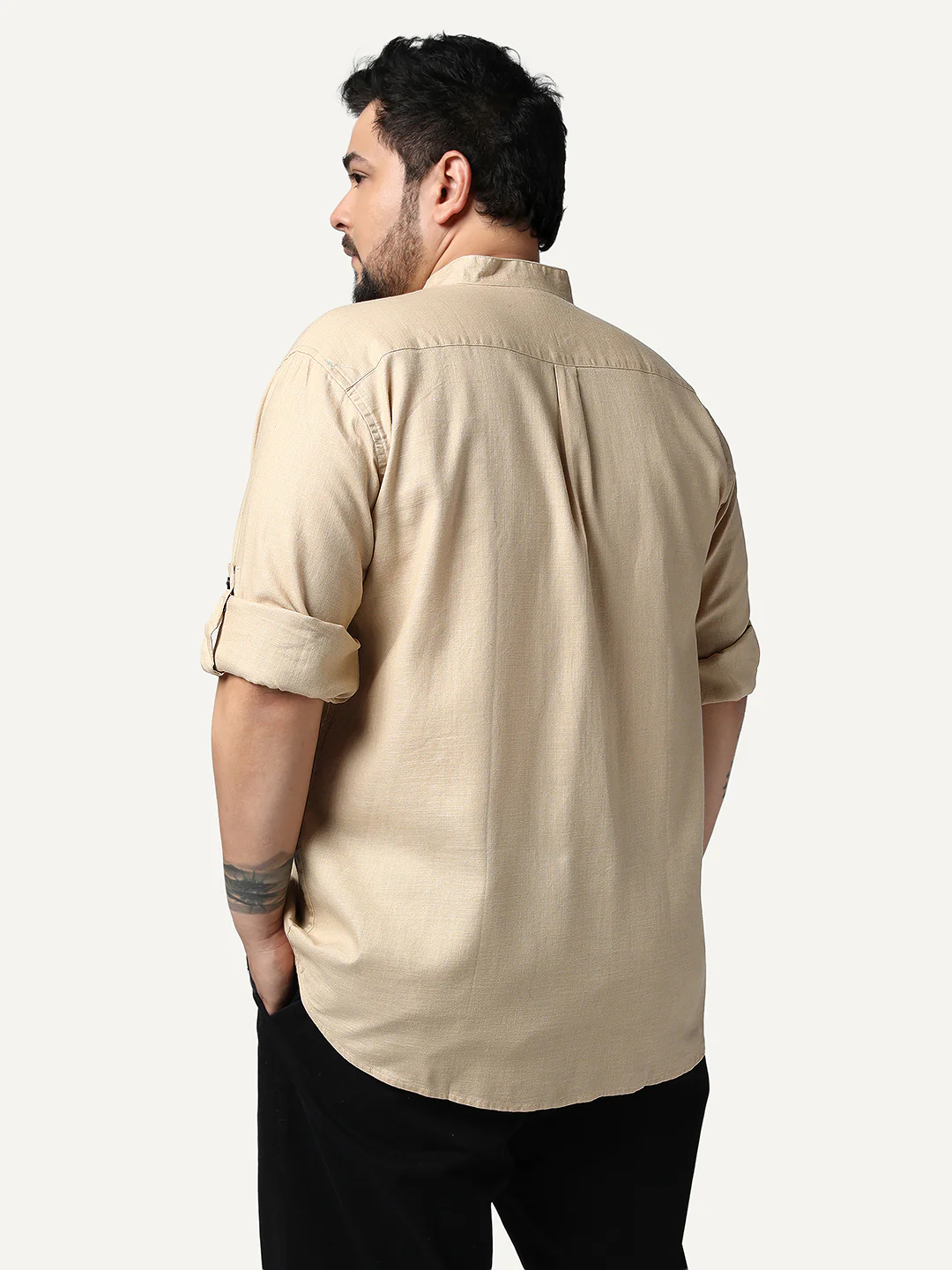 Plus Men's Beige Linen Blend Full Sleeve Relaxed Fit Mandarin Collar Casual Solid Shirt - Image 3