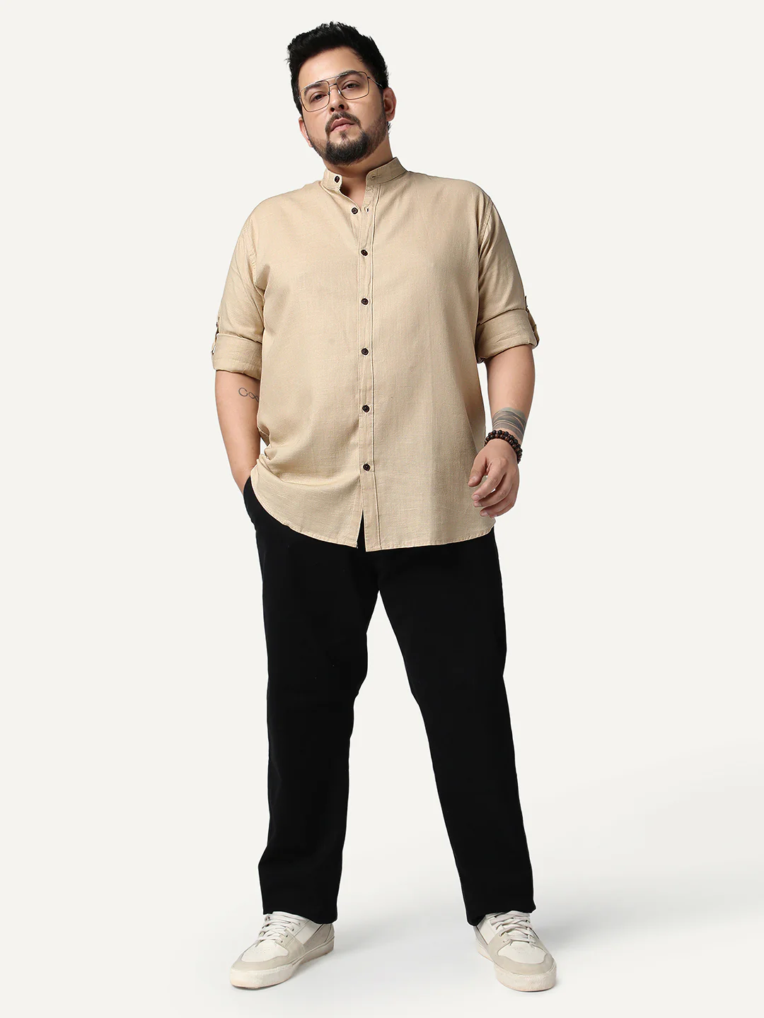 Plus Men's Beige Linen Blend Full Sleeve Relaxed Fit Mandarin Collar Casual Solid Shirt - Image 4