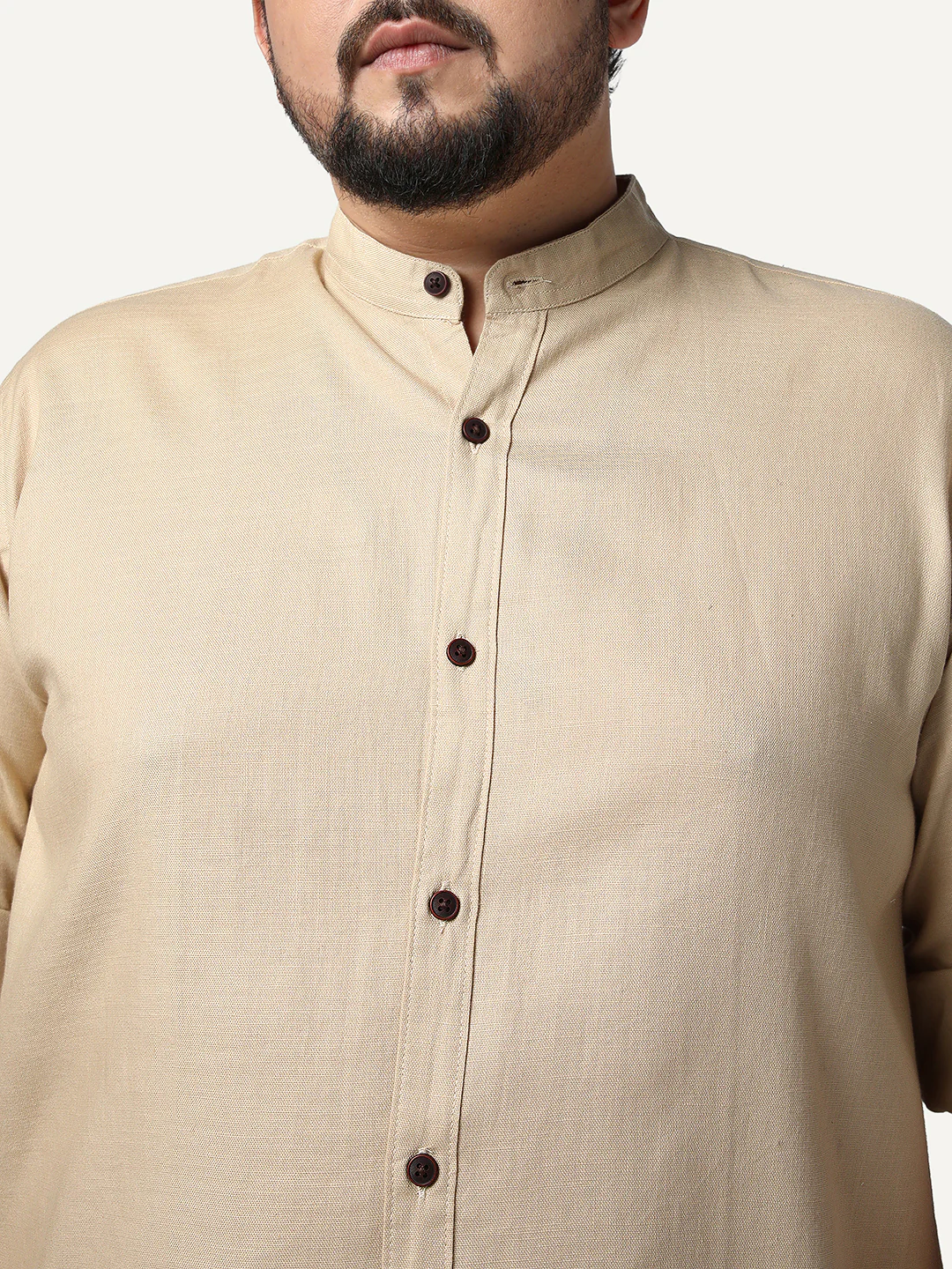 Plus Men's Beige Linen Blend Full Sleeve Relaxed Fit Mandarin Collar Casual Solid Shirt - Image 5