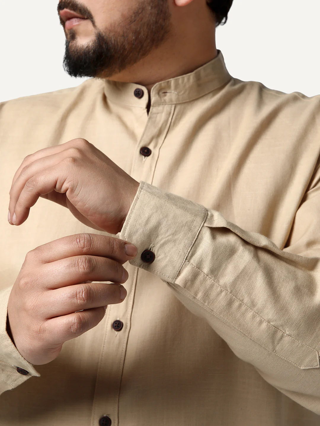 Plus Men's Beige Linen Blend Full Sleeve Relaxed Fit Mandarin Collar Casual Solid Shirt - Image 6