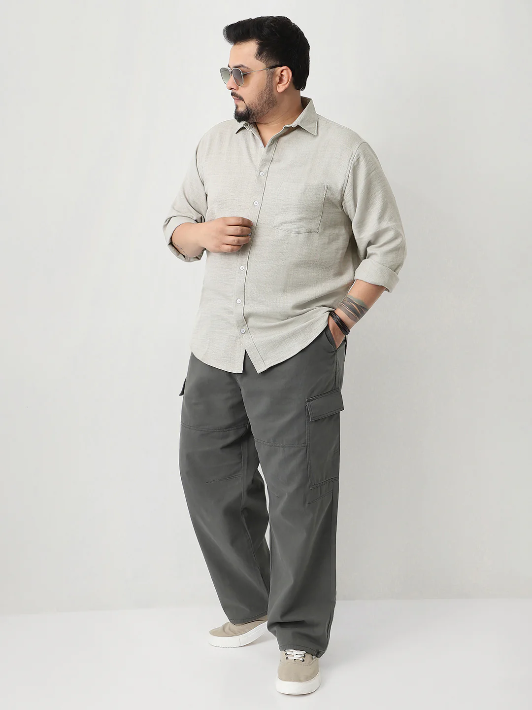 Plus Men's Beige Linen Blend Full Sleeve Relaxed Fit Casual Solid Shirt - Image 4