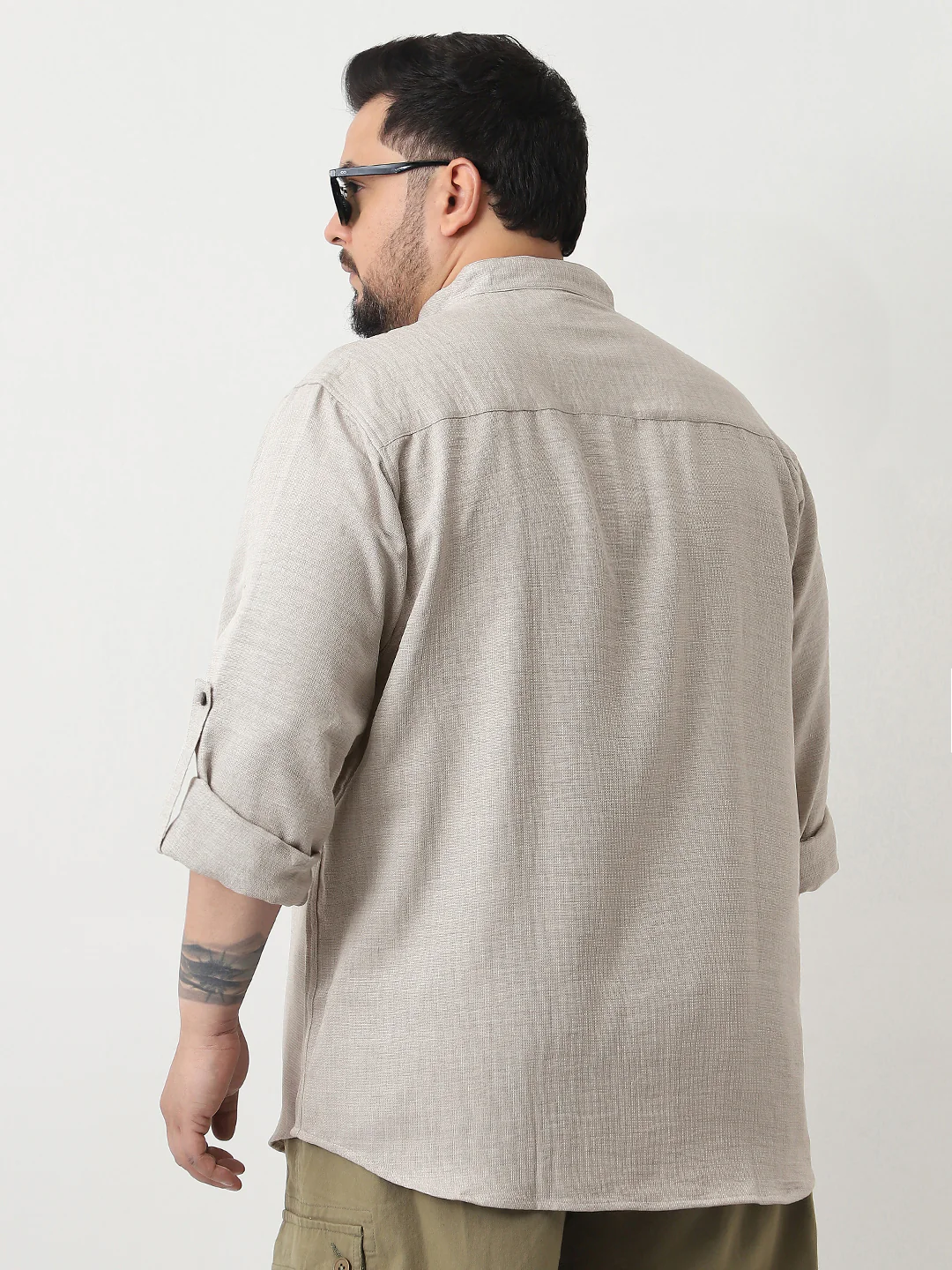 Plus Men's Beige Linen Blend Full Sleeve Relaxed Fit Mandarin Collar Casual Solid Shirt - Image 3