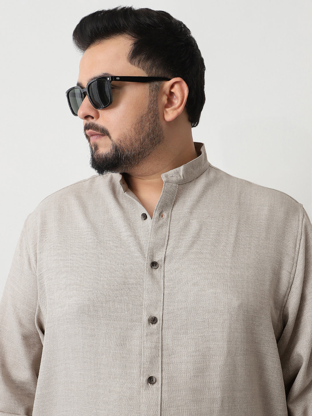 Plus Men's Beige Linen Blend Full Sleeve Relaxed Fit Mandarin Collar Casual Solid Shirt - Image 5