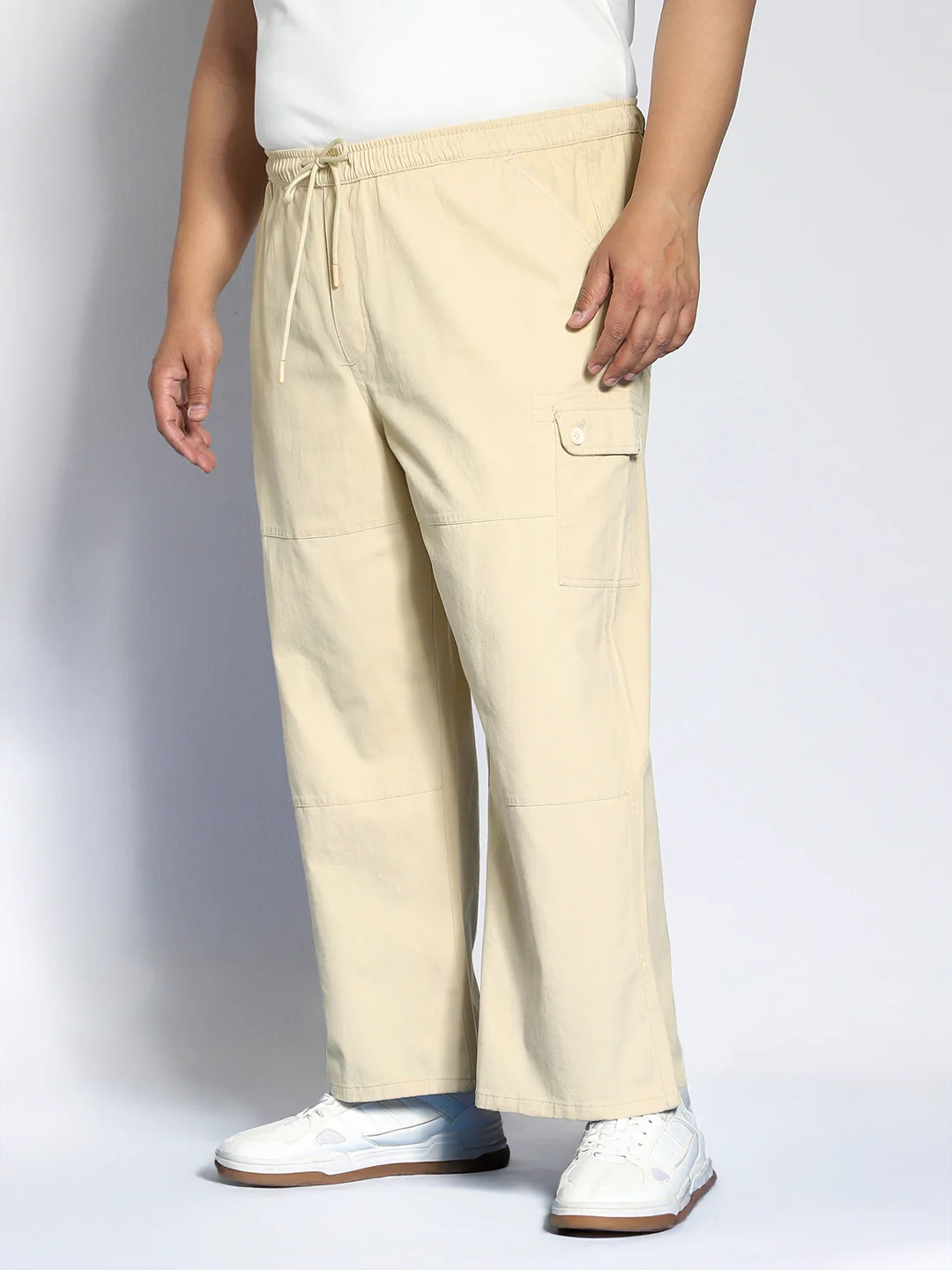 Plus Men's Beige Loose Baggy Fit Cargo Jogger Chino Pant with 6 Pockets Stretchable - Image 2