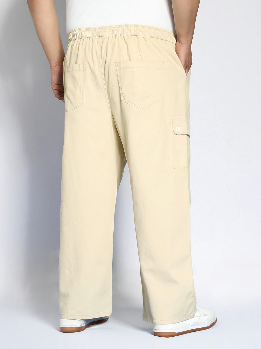 Plus Men's Beige Loose Baggy Fit Cargo Jogger Chino Pant with 6 Pockets Stretchable - Image 3