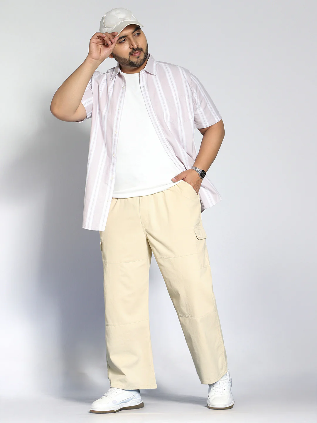 Plus Men's Beige Loose Baggy Fit Cargo Jogger Chino Pant with 6 Pockets Stretchable - Image 4