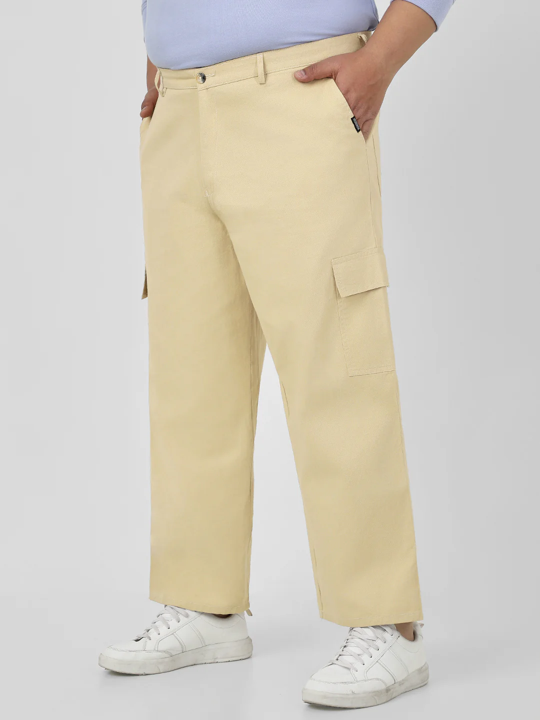 Plus Men's Beige Loose Baggy Fit Solid Cargo Chino Pant with 6 Pockets Non-Stretchable - Image 2