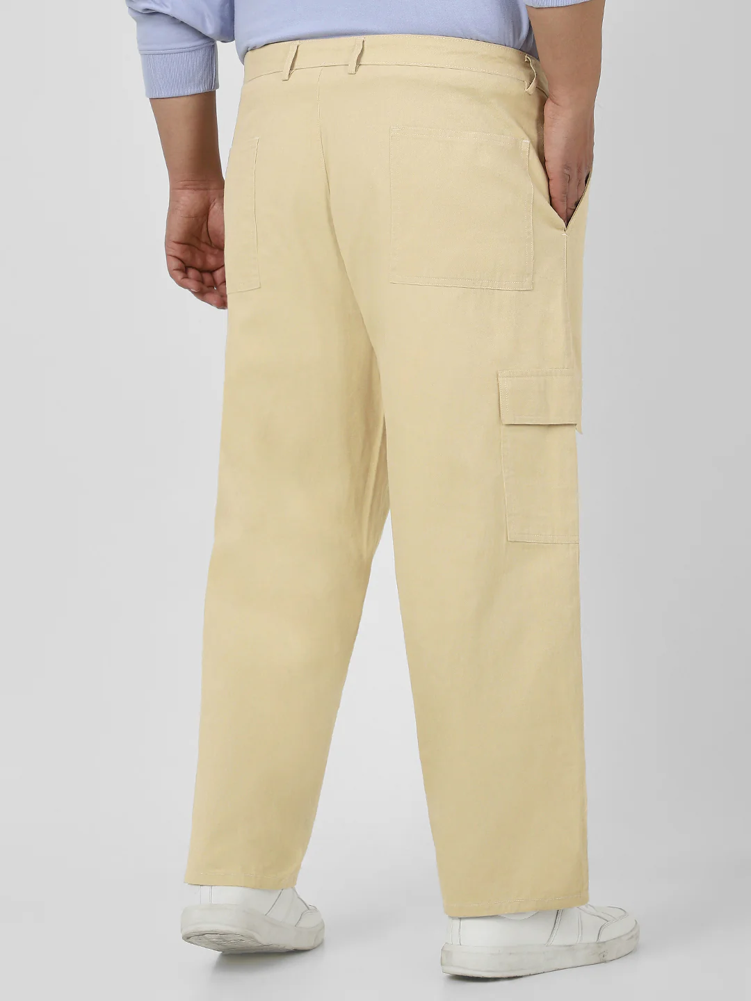 Plus Men's Beige Loose Baggy Fit Solid Cargo Chino Pant with 6 Pockets Non-Stretchable - Image 3