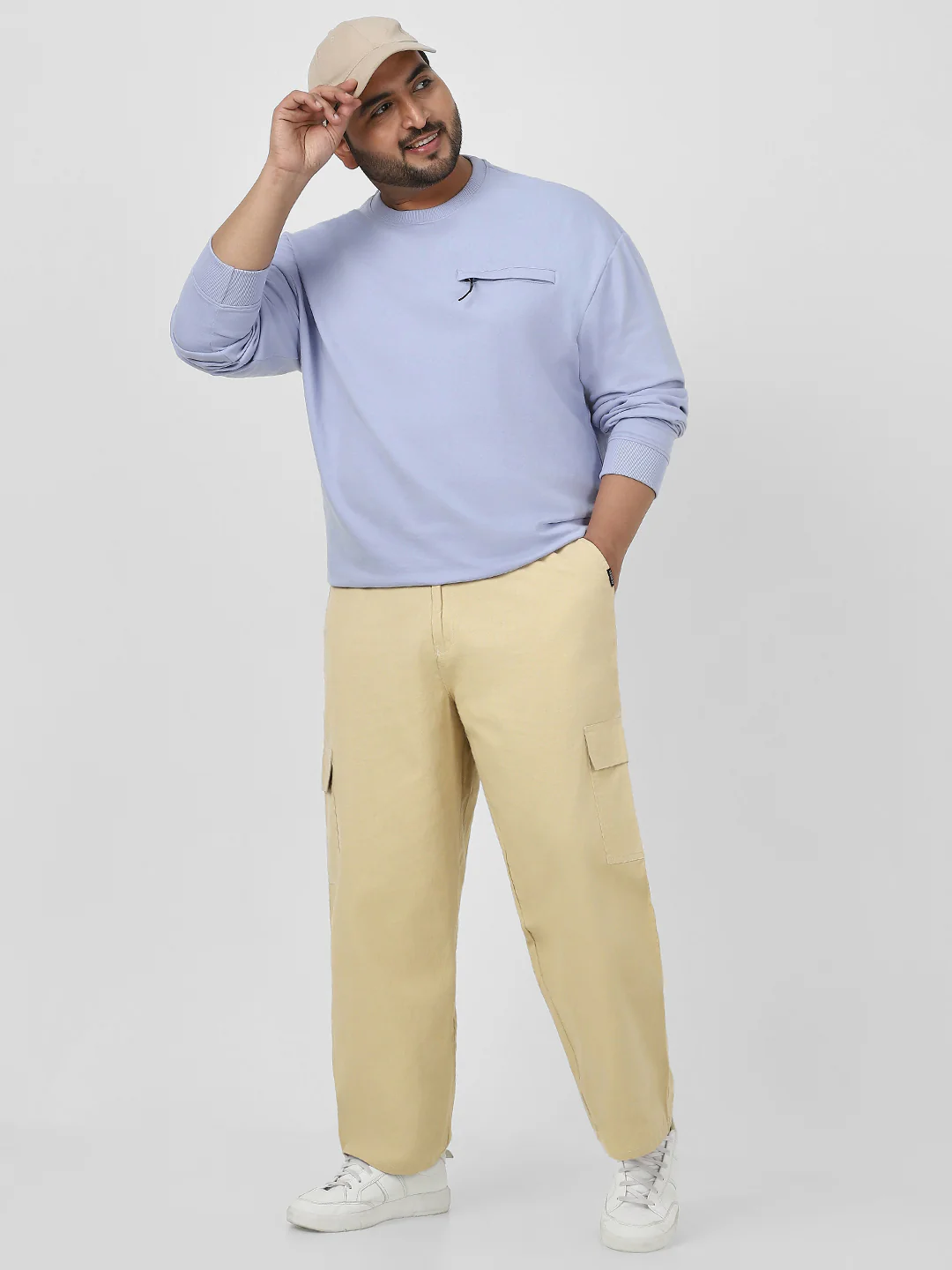 Plus Men's Beige Loose Baggy Fit Solid Cargo Chino Pant with 6 Pockets Non-Stretchable - Image 4